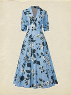 Maxi Linen Dress , Half Sleeve, Lapel Collar, Floral, Vacation, Vintage, Blue
