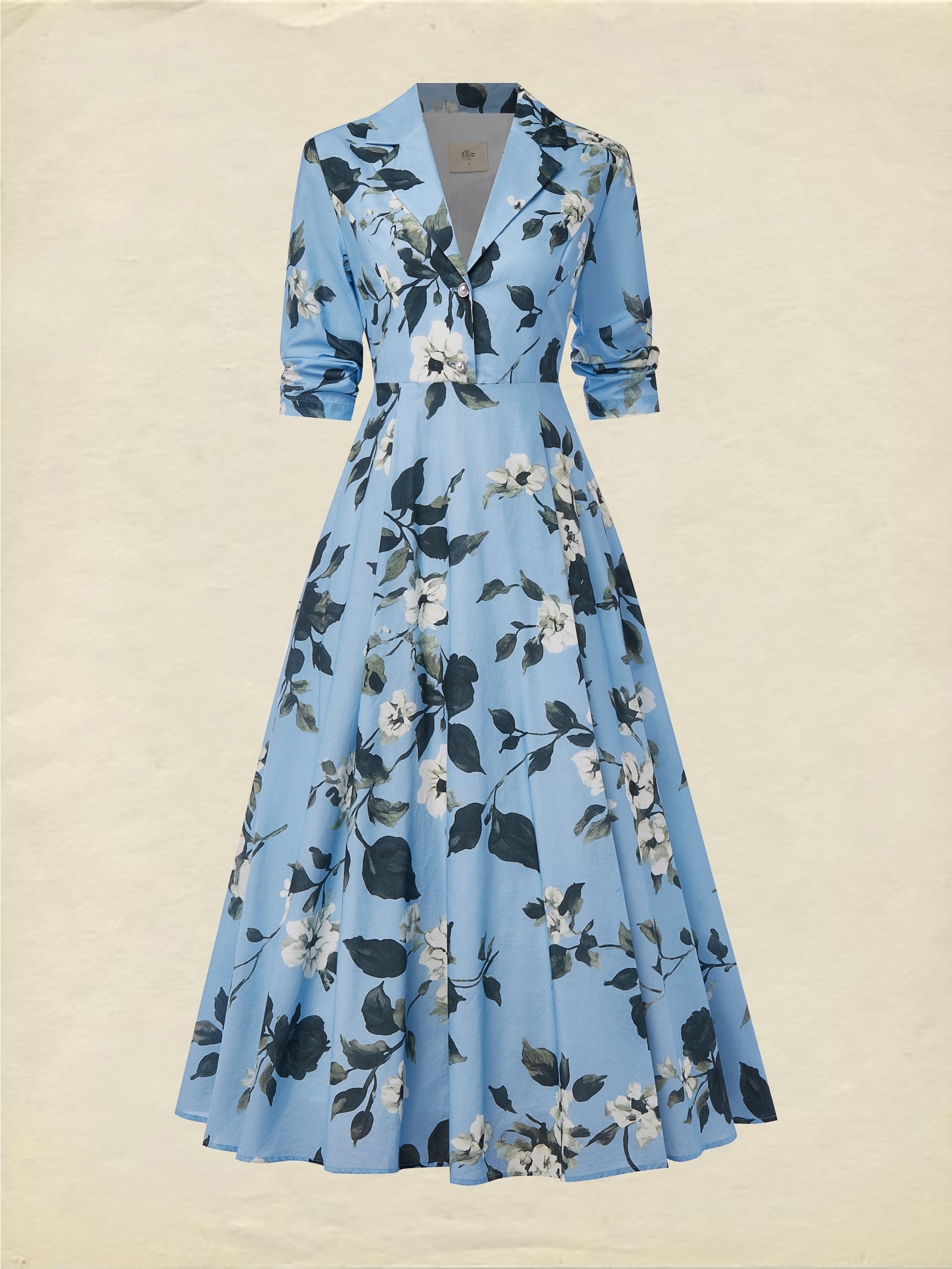 Maxi Linen Dress , Half Sleeve, Lapel Collar, Floral, Vacation, Vintage, Blue