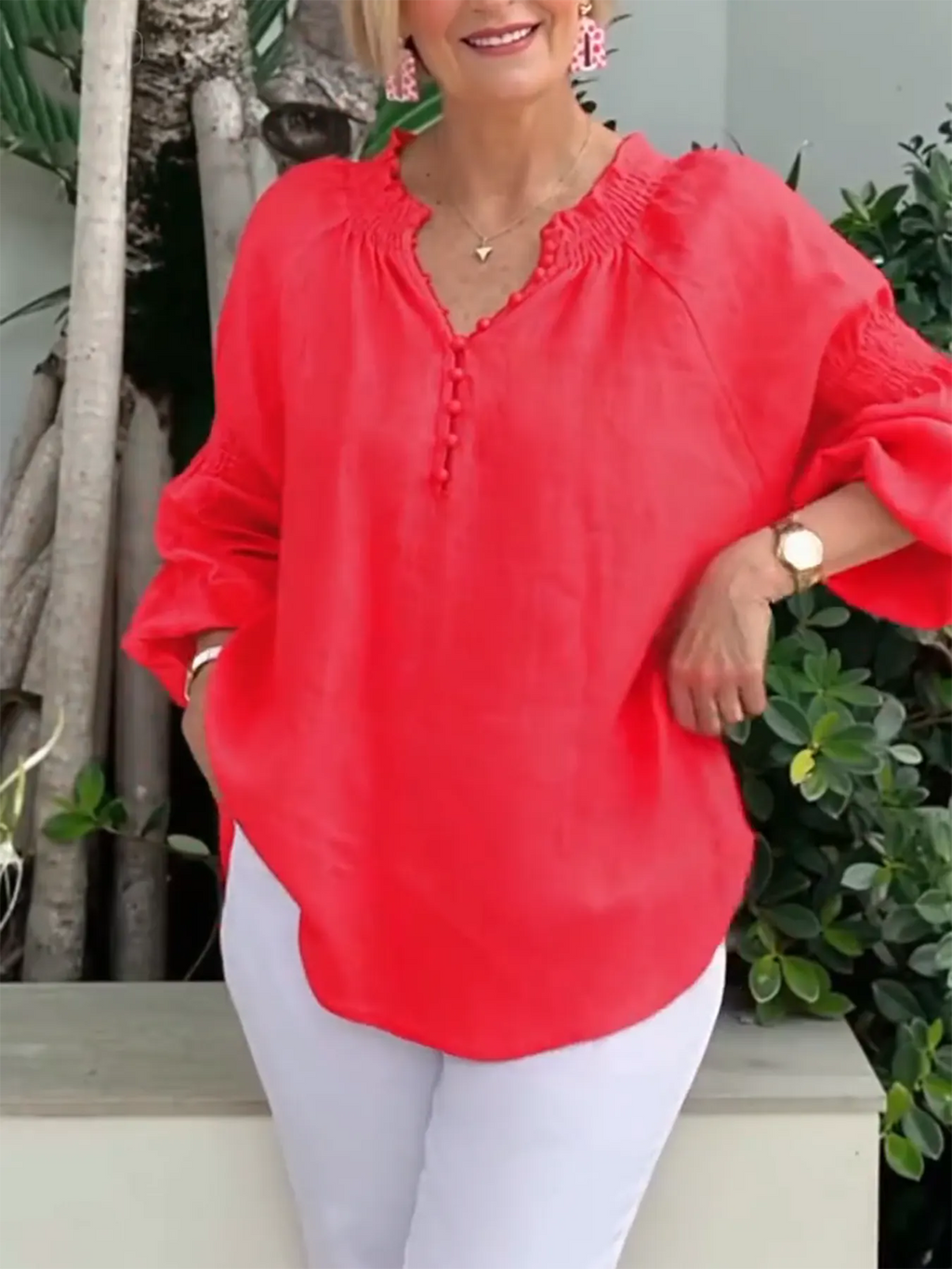 Casual V-neck Solid Color Cotton and Linen Long-sleeved Top