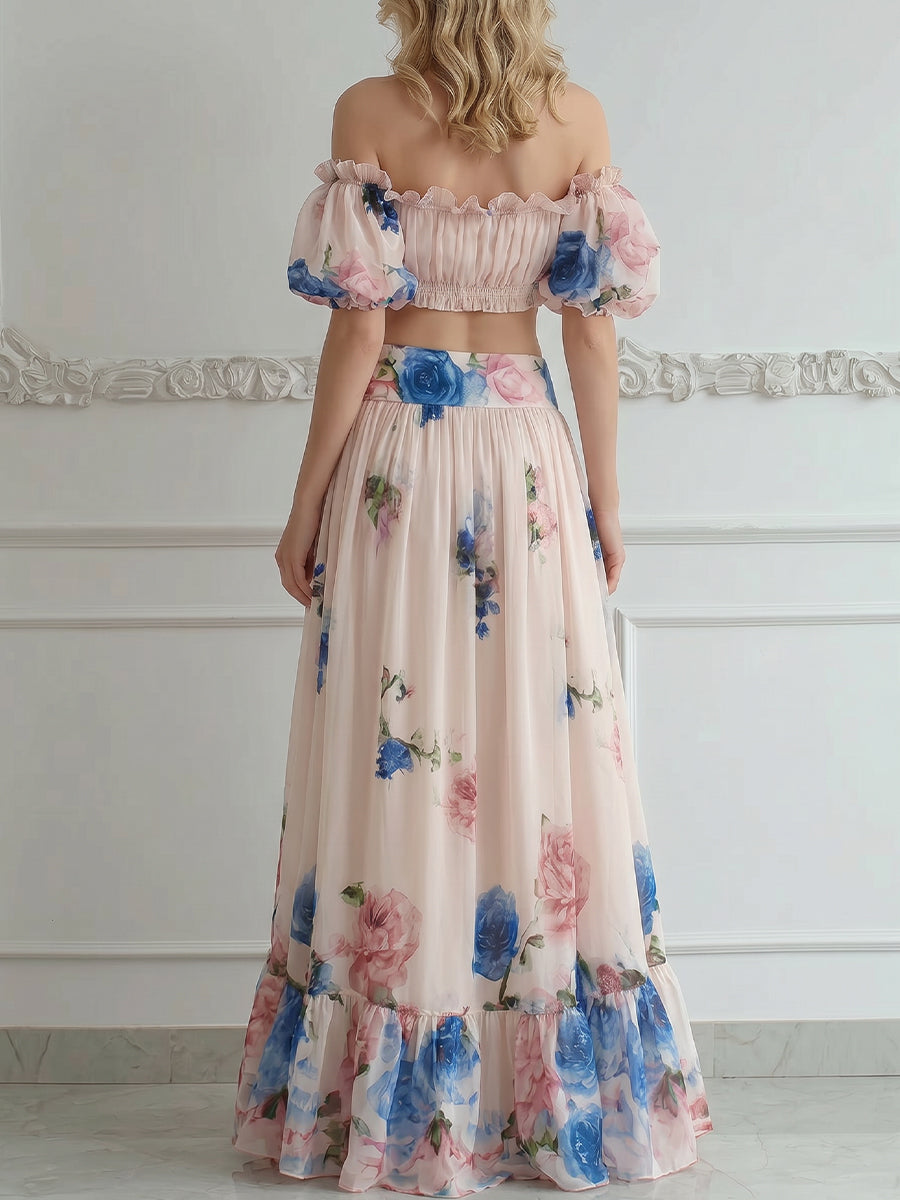 Off-Shoulder Floral Ruffle Two-Piece Maxi Set