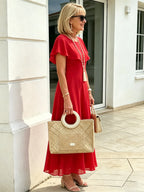 Black Ruffle Cape Sleeve Chiffon Maxi Dress, Round Neck Waist Defined Flowy Big Swing Hem Elegant Formal Dress