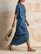 Ocean Blue Ruched Front Tencel Denim Maxi Dress
