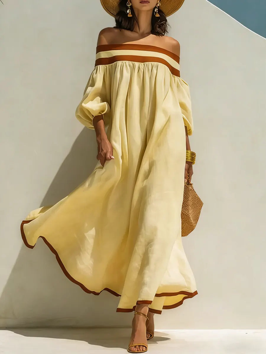 Loose-fitting Color-blocked Off-the-shoulder Cotton-linen Maxi Dress