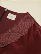Midi Cotton Dress, Long Sleeves, Scoop Neck, Plain, Lace, Vintage, Red