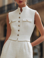 Elegant Tweed Stand Collar Gold Button Vest & High-Waisted Shorts Two-Piece Set