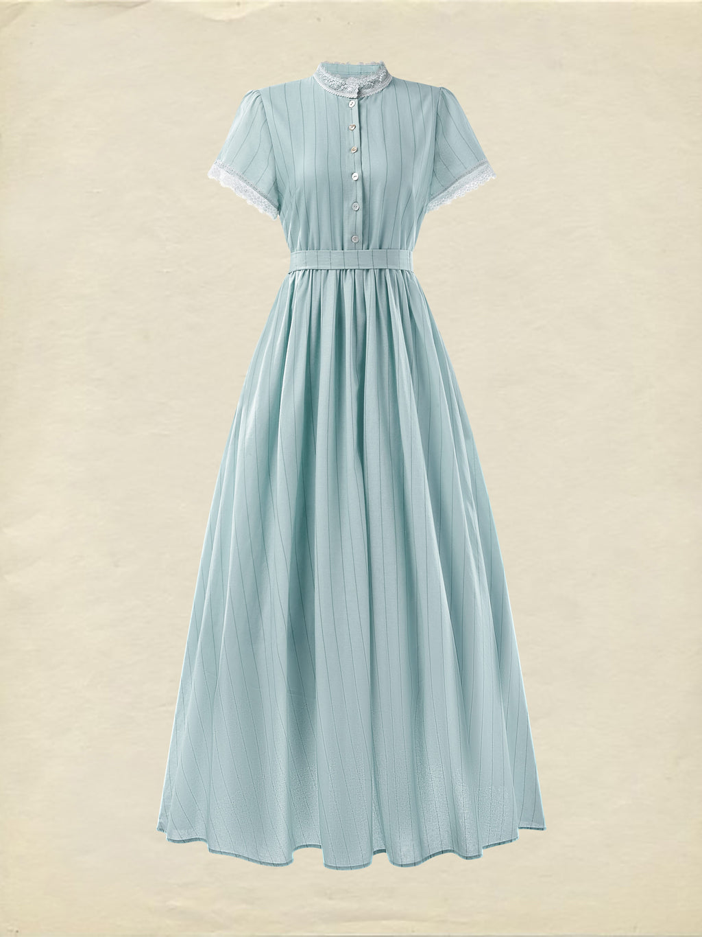 (SIZE:XS-XXL)Maxi Dress, Vintage, Summer, Natural, A-Line, Lace Collar, Short Sleeves, Blue