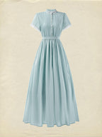 (SIZE:XS-XXL)Maxi Dress, Vintage, Summer, Natural, A-Line, Lace Collar, Short Sleeves, Blue