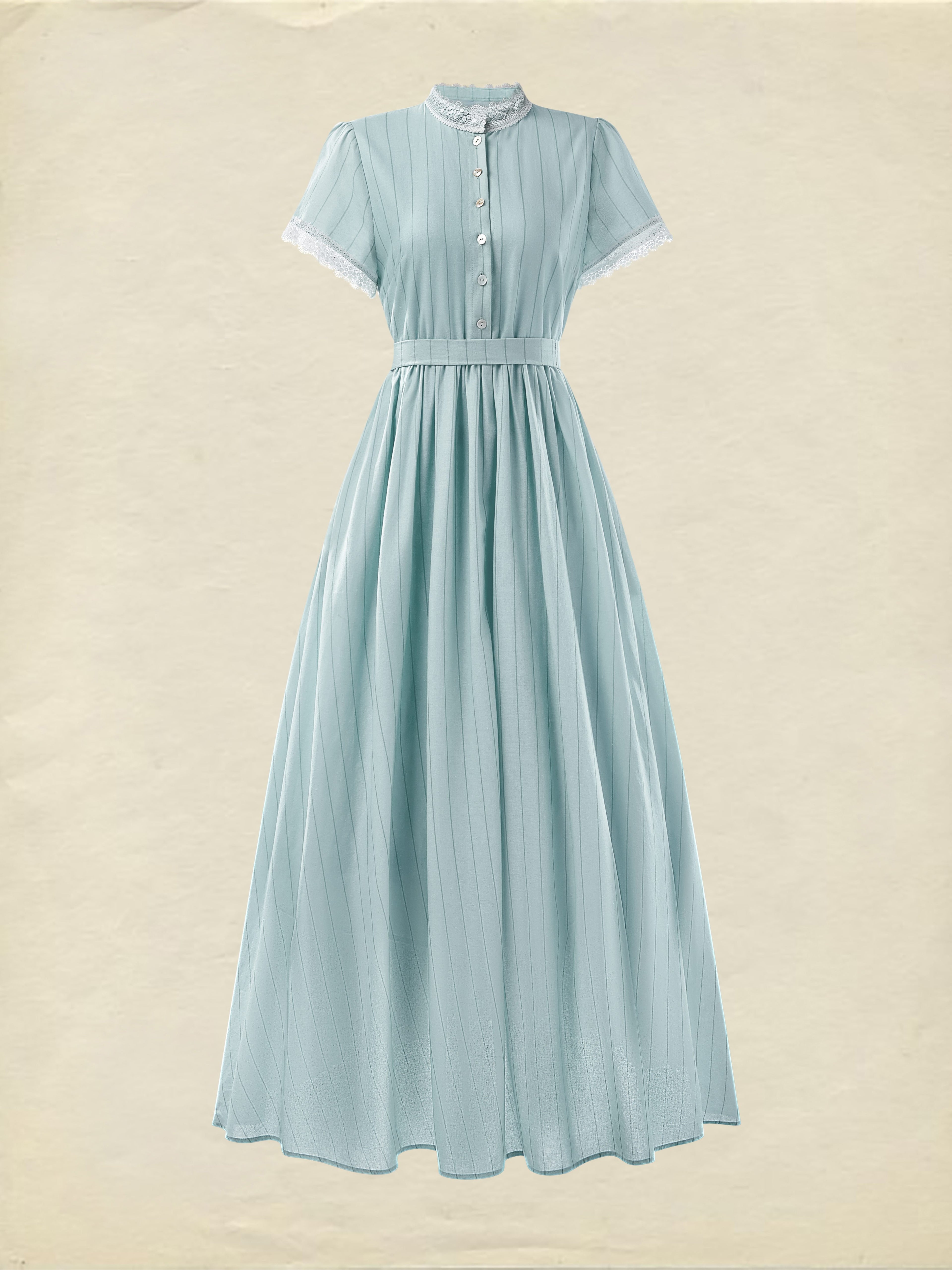 (SIZE:XS-XXL)Maxi Dress, Vintage, Summer, Natural, A-Line, Lace Collar, Short Sleeves, Blue