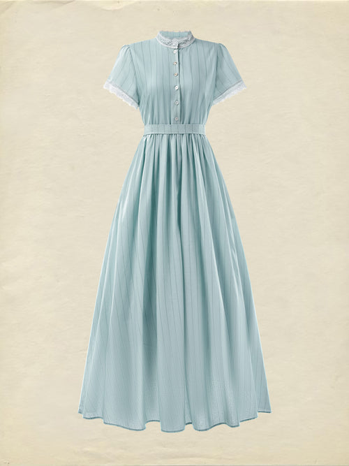 (SIZE:XS-XXL)Maxi Dress, Vintage, Summer, Natural, A-Line, Lace Collar, Short Sleeves, Blue