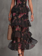 Gothic Floral Swiss Dot Chiffon Ruffle Midi Dress