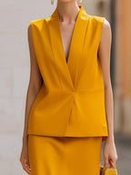 Stand Collar V-Neck Sleeveless Vest & Slit Midi Skirt Two-Piece Set