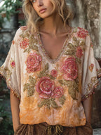 Boho Sunset Rose Embroidered Tie-dye Women's Linen V-neck Shirt