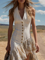 Vintage Western V-Neck Paisley Print Asymmetrical Hem White Denim Midi Dress