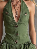 Minimalist Urban Green Denim Sleeveless Shorts Jumpsuit
