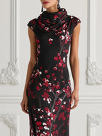 Black Red Cherry Blossom Print Maxi Dress