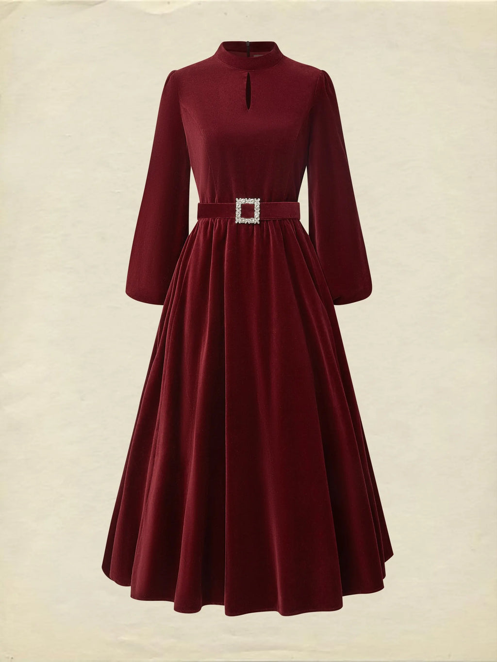 Midi Cotton Dress, Long Sleeves, Stand Collar, Plain, Vintage, Wine Red