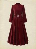 Midi Cotton Dress, Long Sleeves, Stand Collar, Plain, Vintage, Wine Red
