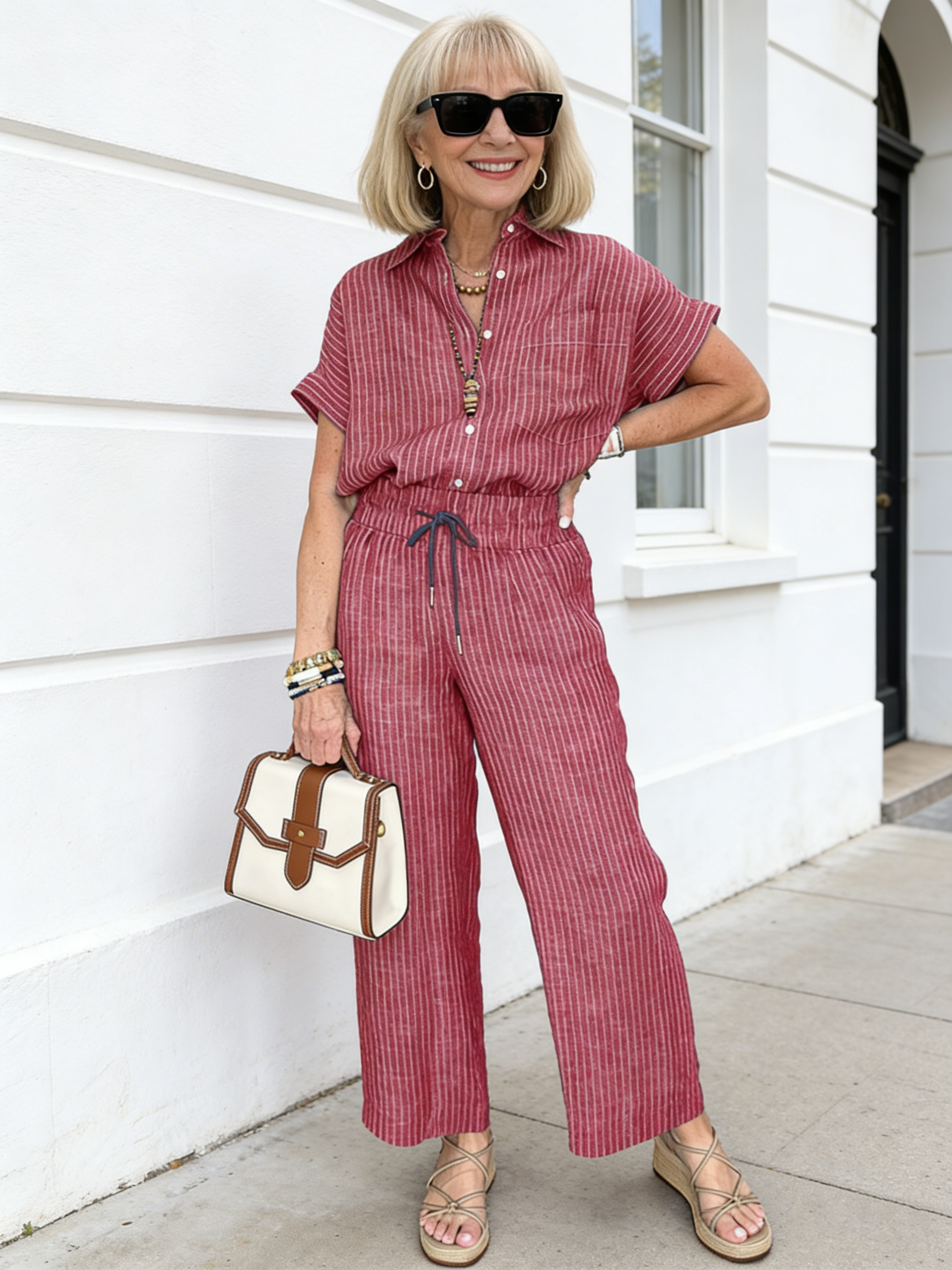 2Pcs Plus Size Cotton and Linen Striped Suit Lapel Short Sleeve Straight Trousers