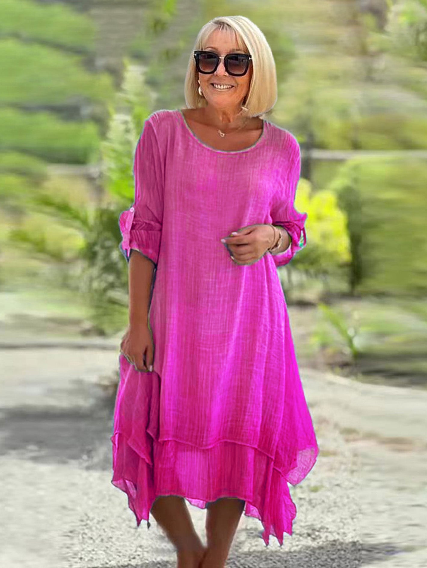 Casual Round Neck Long sleeved Double layered Elegant Solid Color Dress