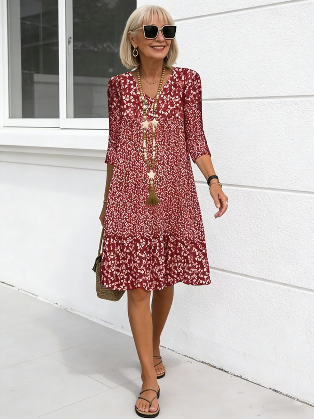 Bohemian Floral Print Half Sleeve V-neck Mid-Length Dress