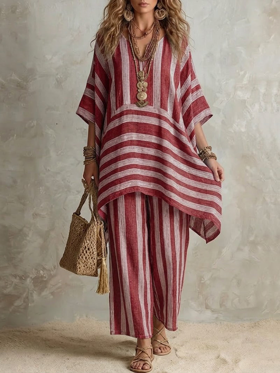 Casual Loose Striped Cotton And Linen Top And Pants Two-piece Set