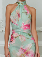 Elegant Floral Halter Bodycon Midi Dress