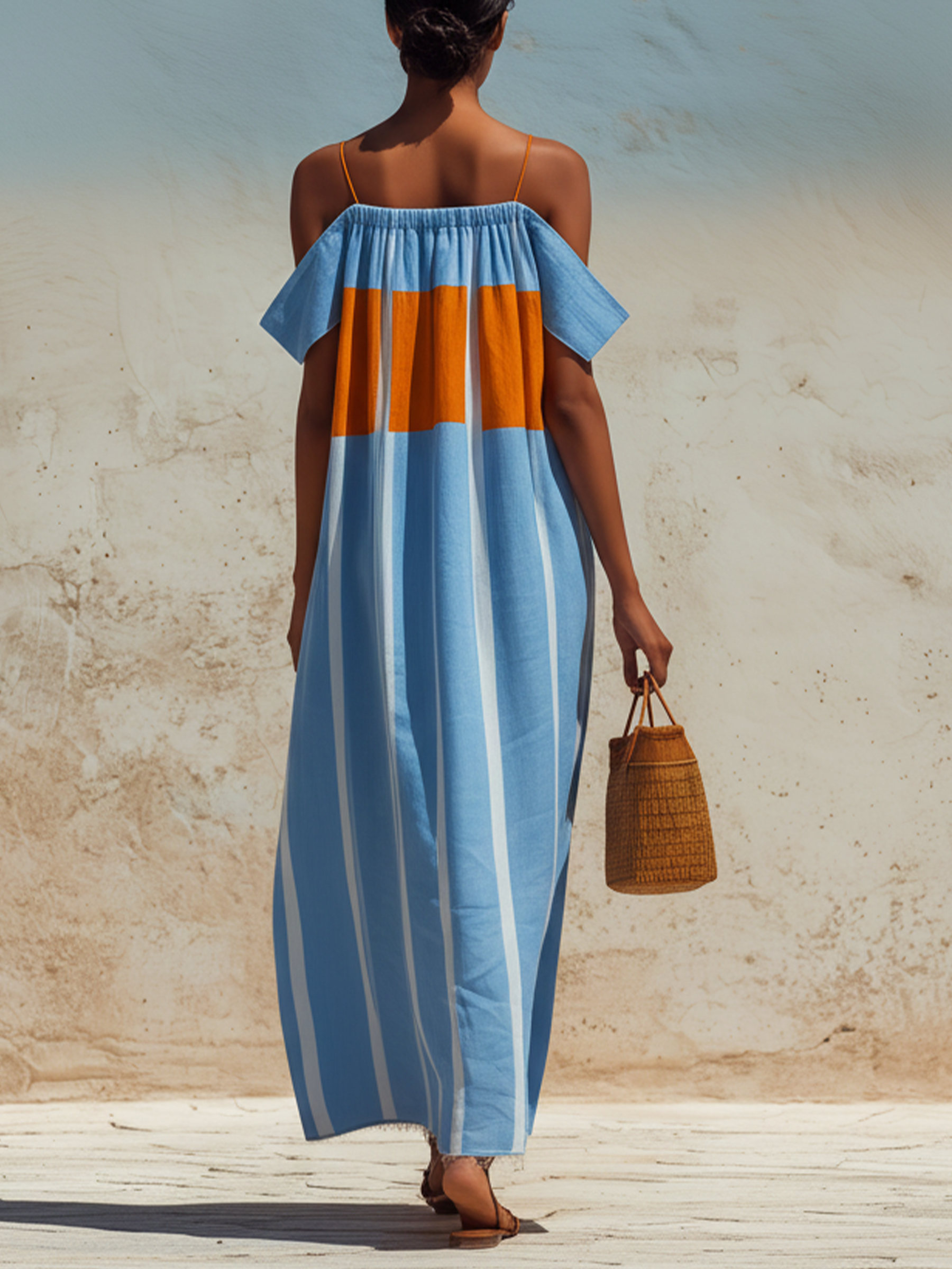 Blue & Orange Striped Off-Shoulder Maxi Dress