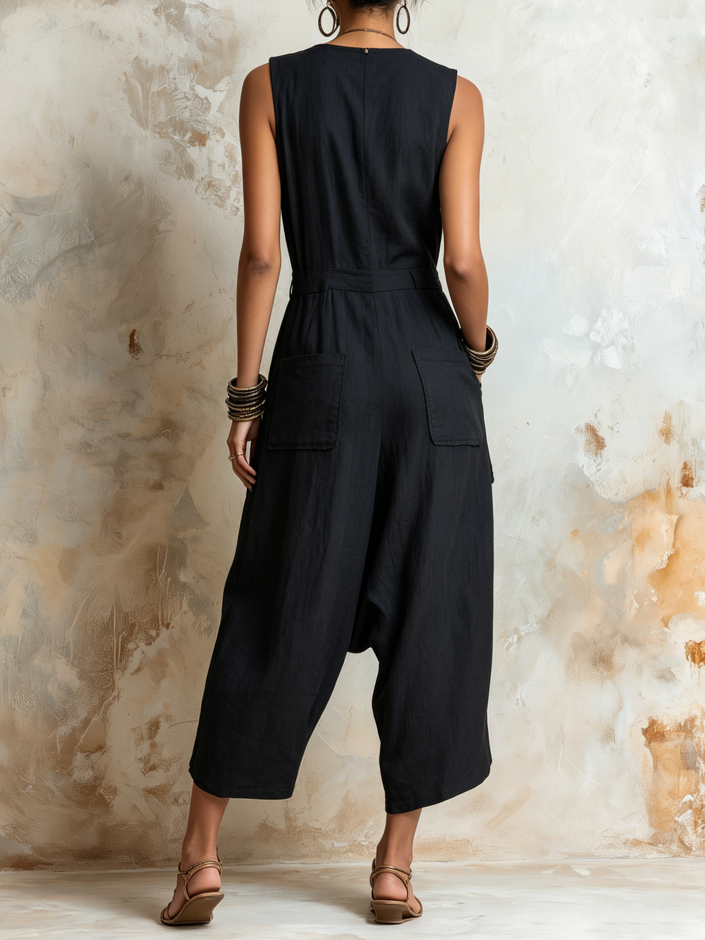 Black Linen-Blend Sleeveless Harem Jumpsuit | Effortless Boho Utility Style