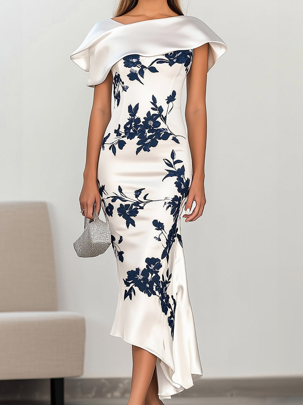 Glamorous White And Navy Floral Print Mermaid Satin Dress