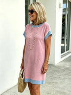 Textured Fabric Casual Contrast Twist Strip Short Sleeve Pocket Dress