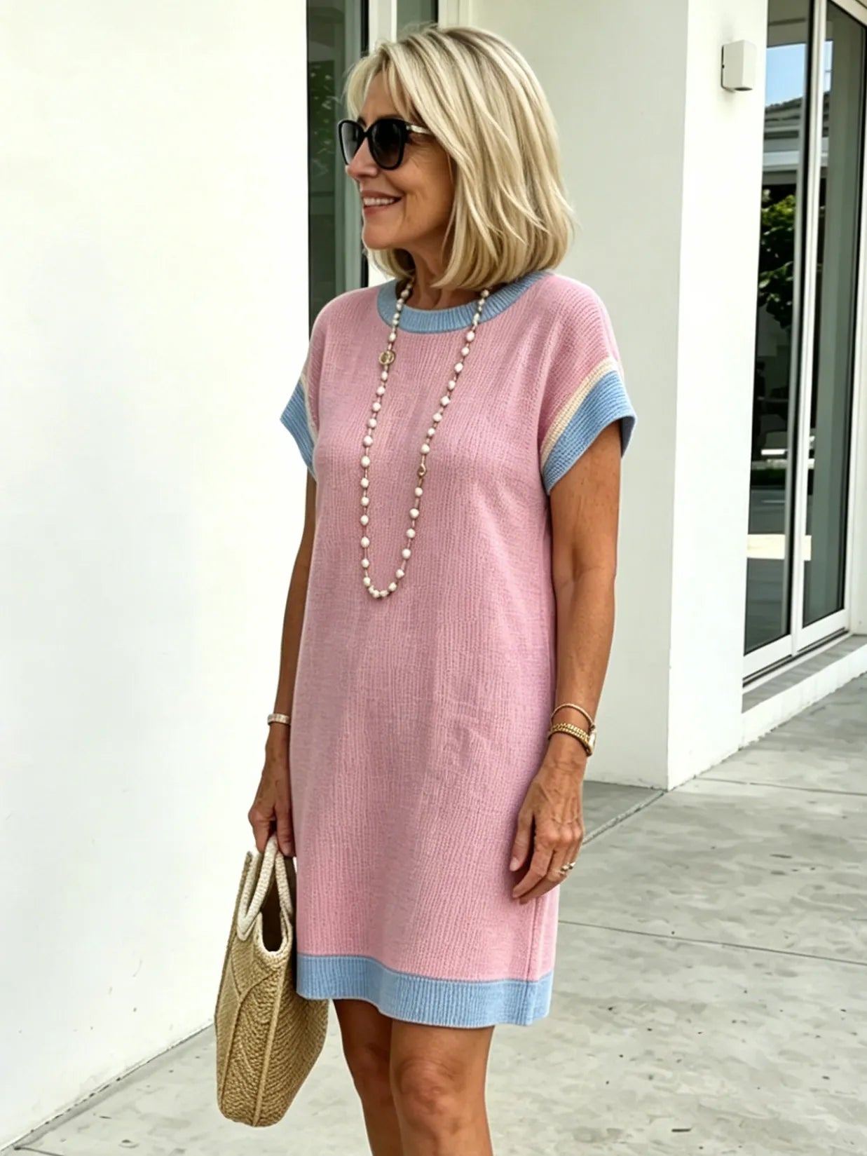 Textured Fabric Casual Contrast Twist Strip Short Sleeve Pocket Dress
