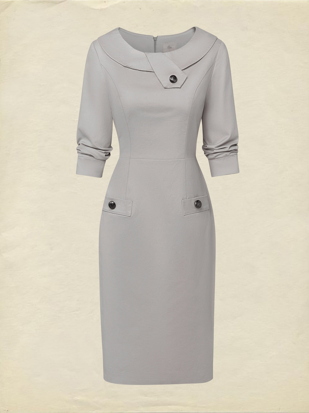 Midi Cotton Dress, Half Sleeve, Round Neck, Plain, Button Design, French Vintage, Gray