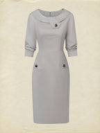 Midi Cotton Dress, Half Sleeve, Round Neck, Plain, Button Design, French Vintage, Gray
