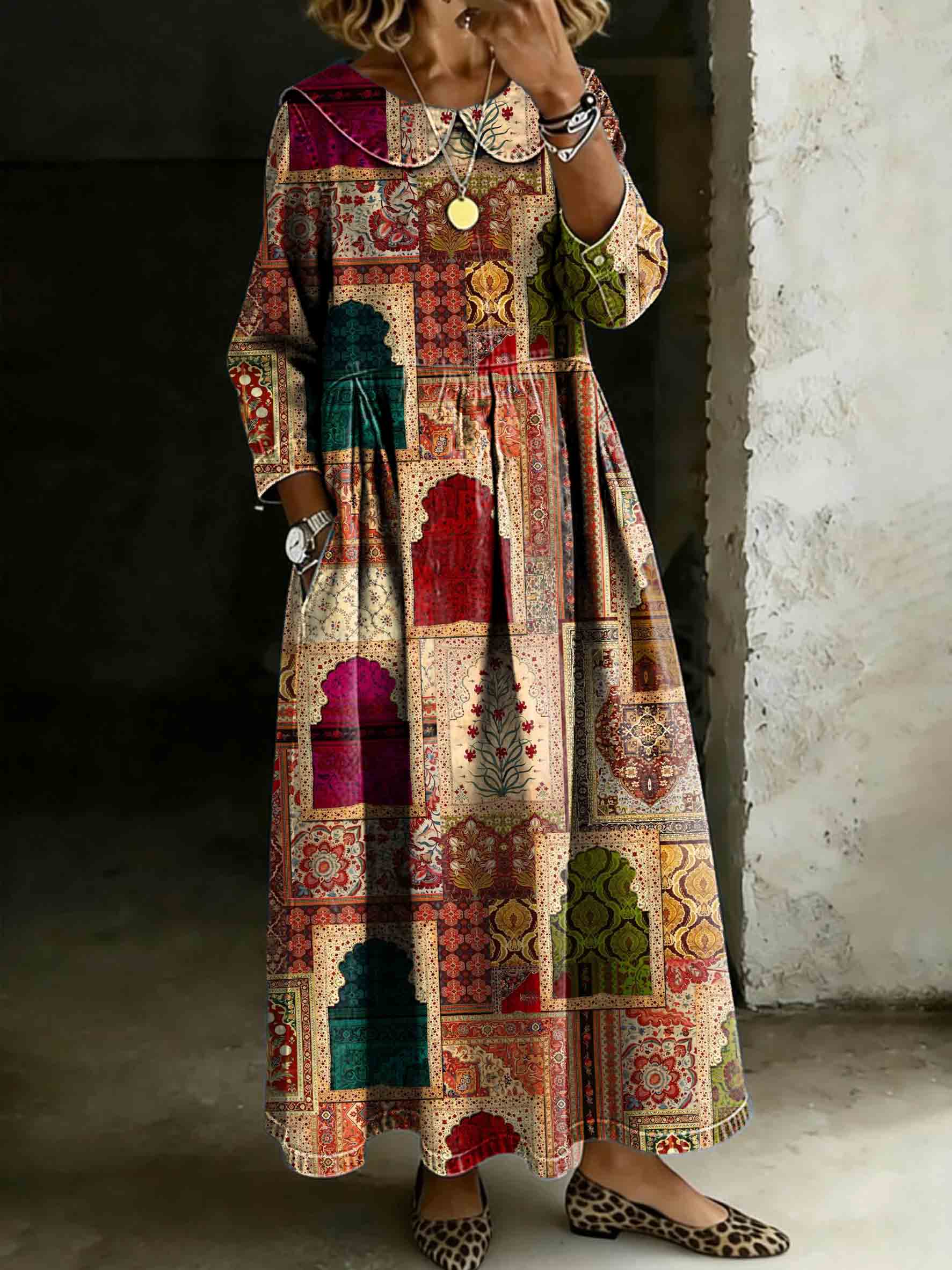 Women's Retro Ethnic Patchwork Art Print Lapel Collar Pleated Long Sleeve Casual Loose Denim Dress