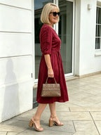 Coffee Brown Floral Print Midi Dress, Split Neck Button Front Ruffle 3/4 Sleeve Tie Waist Slimming Dress for Mature Women