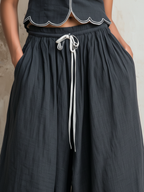 Charcoal Scallop Trim Sleeveless Top & Drawstring Wide-Leg Linen Co-ord Set