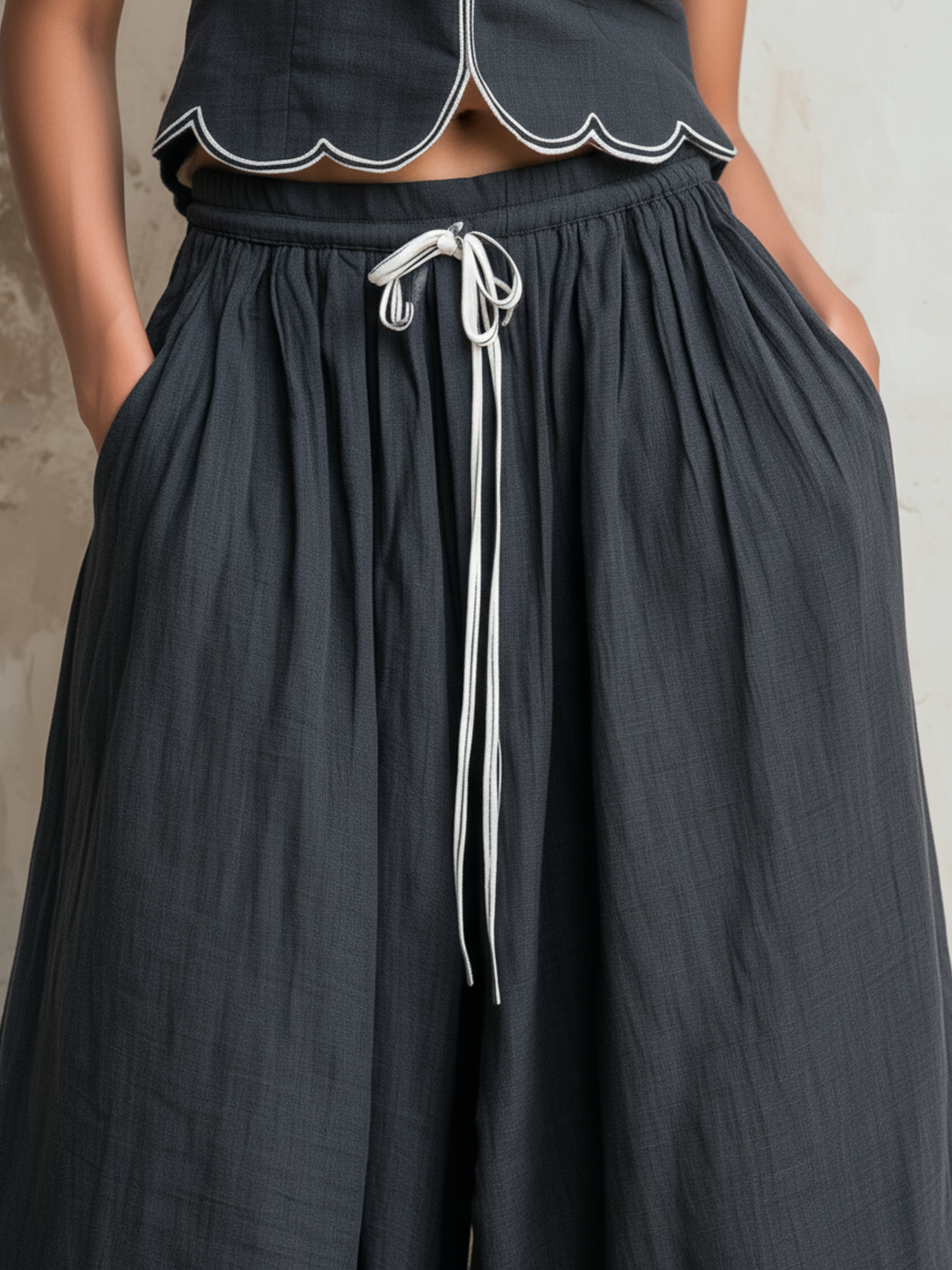 Charcoal Scallop Trim Sleeveless Top & Drawstring Wide-Leg Linen Co-ord Set
