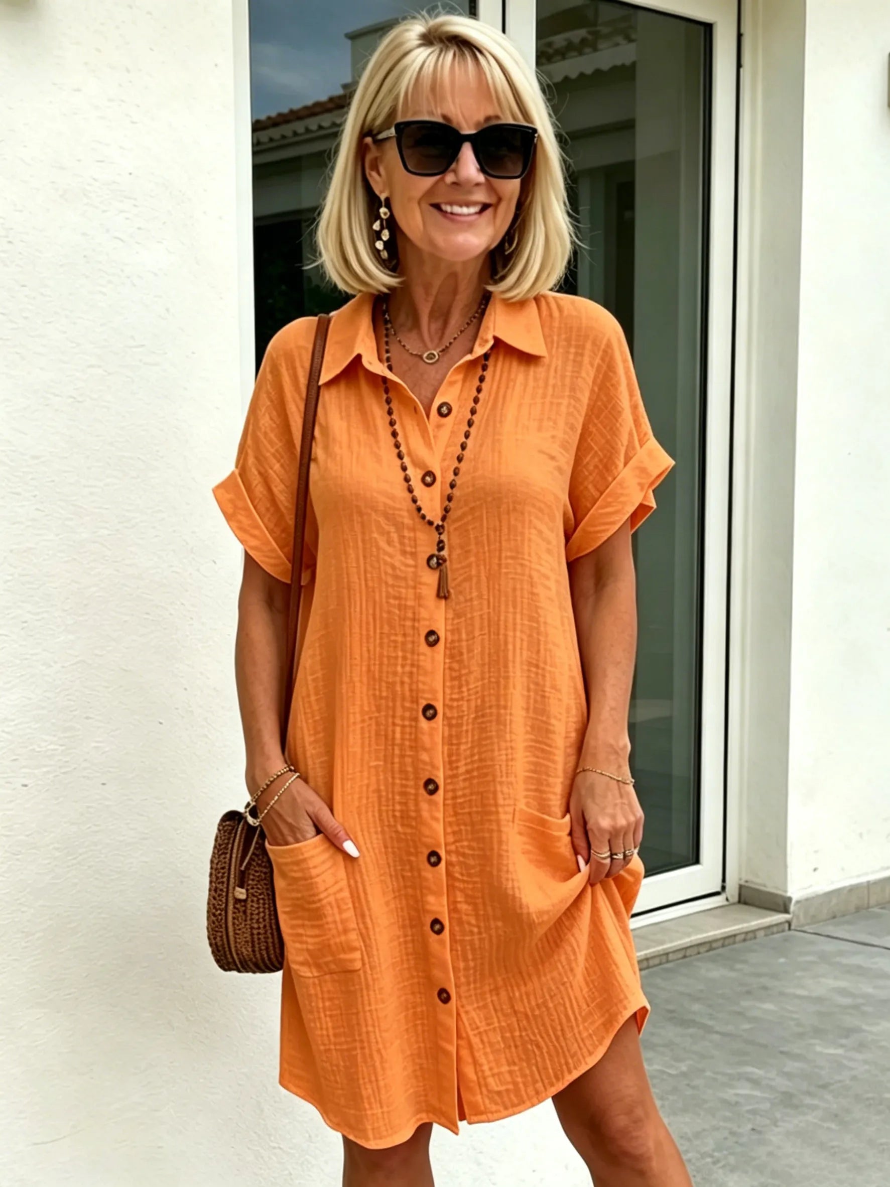 Solid Color Shirt Dress Simple, Made of Breathable, Featuring a Lapel Collar and Orderly Button Arrangement That Adds a Vintage Charm