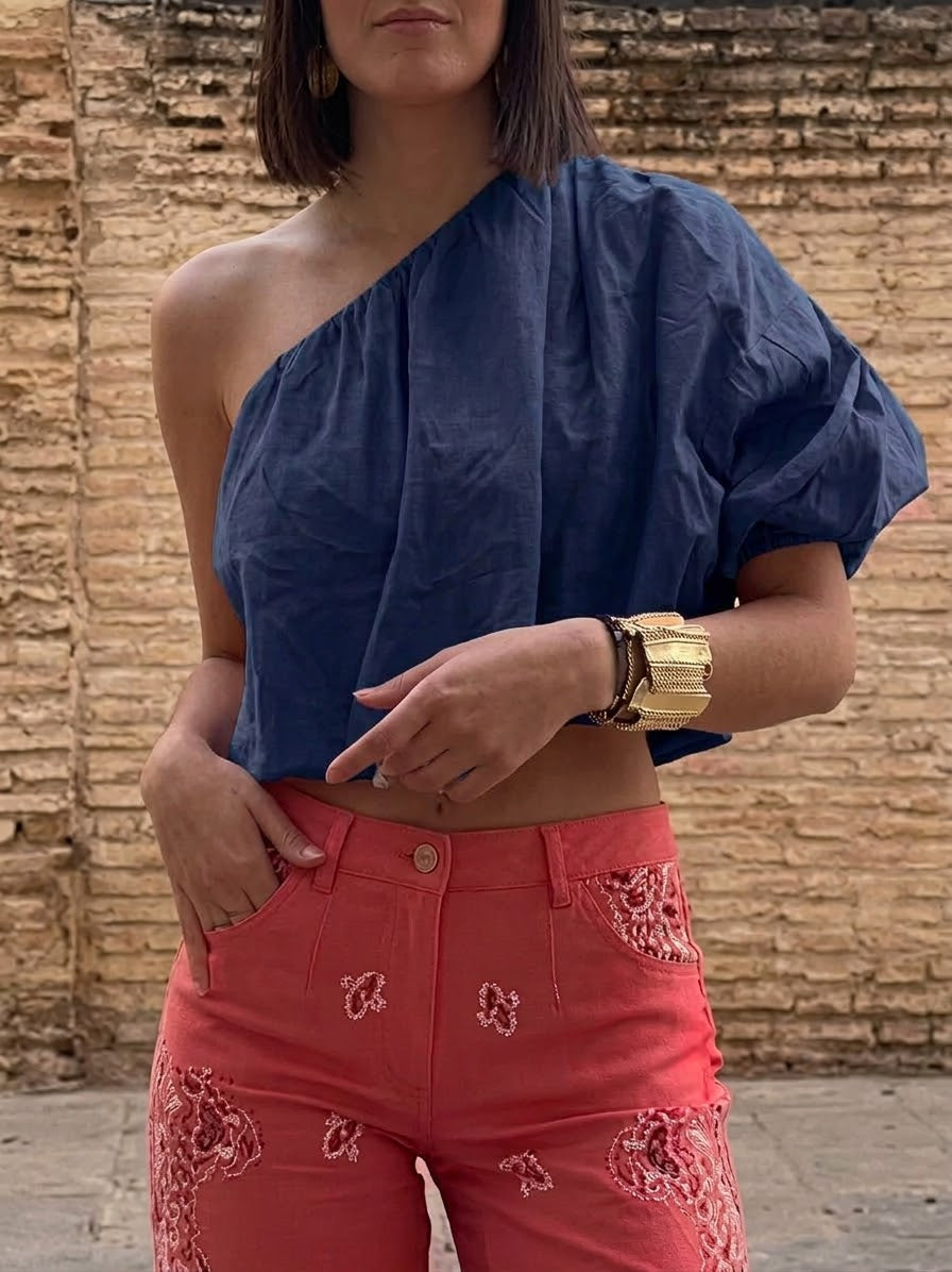 Casual Off-shoulder Linen And Cotton Top