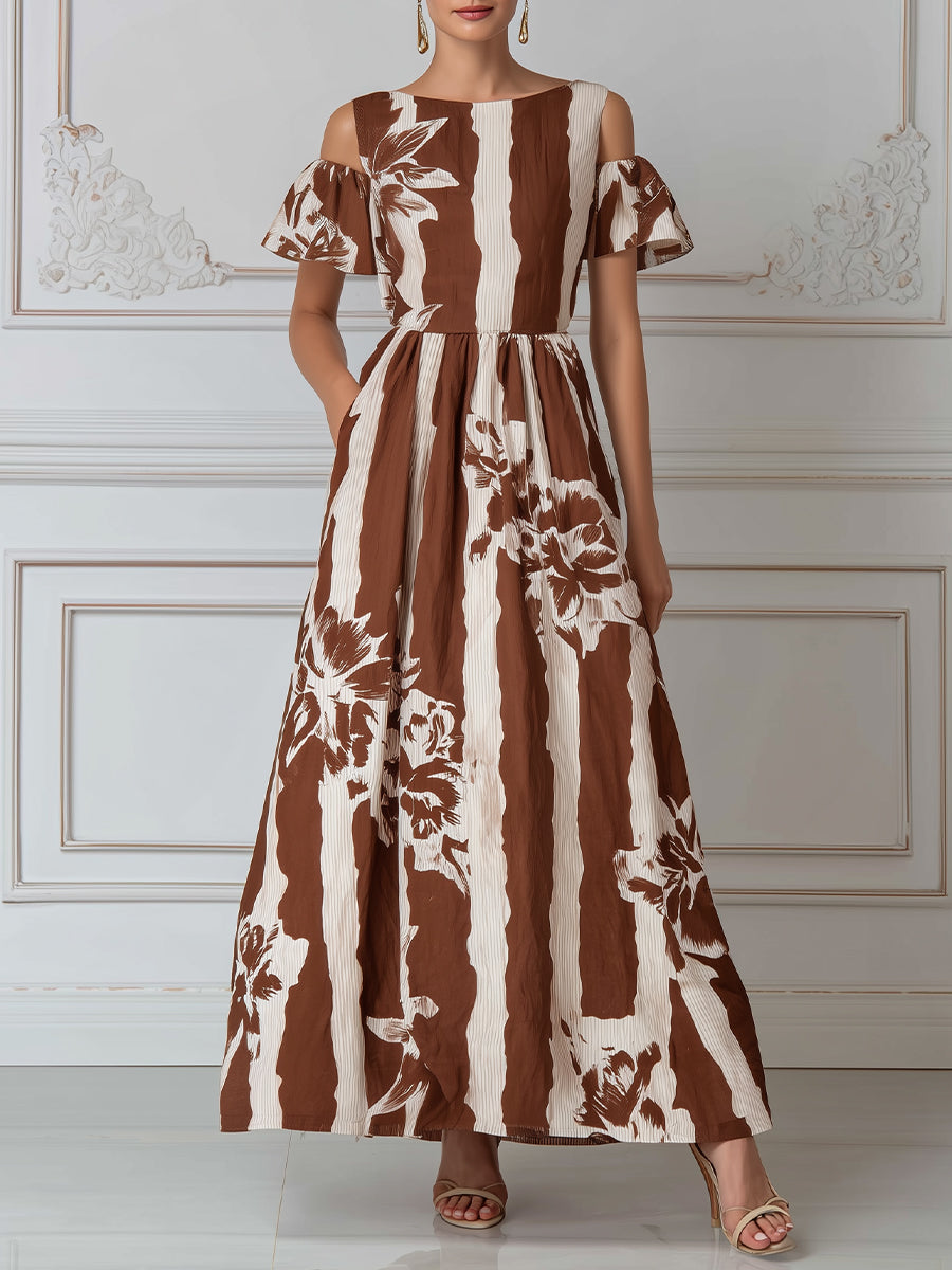 Earthy Striped Floral Print Cold-Shoulder Maxi Dress