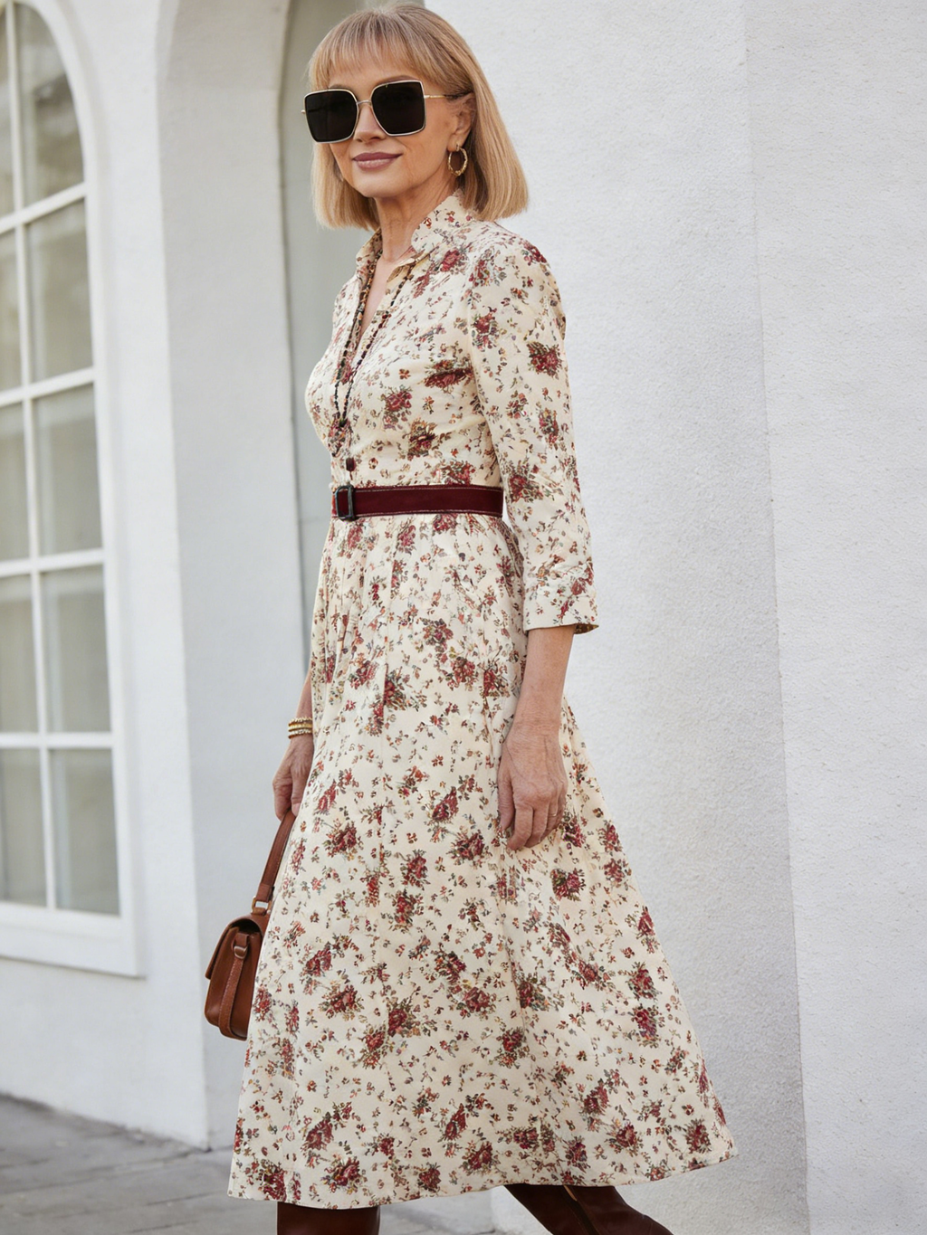 Printed V-neck Waist Long Sleeve A Pendulum Women's Dress Long Dress Literary Retro Fashion Elegant