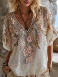 Summer Rice Noodle Flower Embroidery V-neck Thin Linen Short-sleeved Shirt