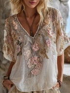 Summer Rice Noodle Flower Embroidery V-neck Thin Linen Short-sleeved Shirt
