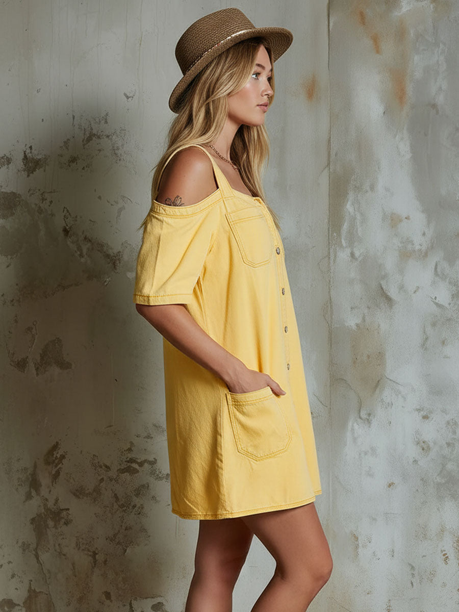 Loose-fitting Cold-shoulder Short-sleeved Single-breasted Mini Dress