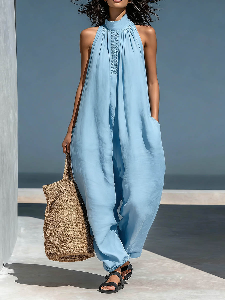 Women's Stand-up Collar Sleeveless Casual Loose Cotton And Linen Wide-leg Jumpsuit