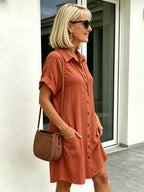 Solid Color Shirt Dress Simple, Made of Breathable, Featuring a Lapel Collar and Orderly Button Arrangement That Adds a Vintage Charm