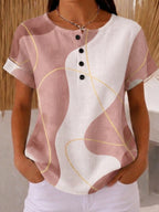 Artistic Line Print Cotton-linen Blouse