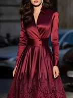 Burgundy Satin Belted Midi Dress With Lace Hem