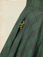 Maxi Linen Dress, Long Sleeves, V Neck, Plaid, Lace, Vintage, Deep Green