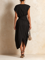 Asymmetric Twist-Waist Draped Midi Dress